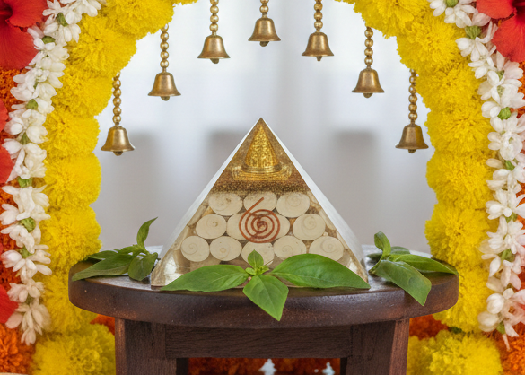 Orgone Gomti Chakra Pyramid with Golden Temple